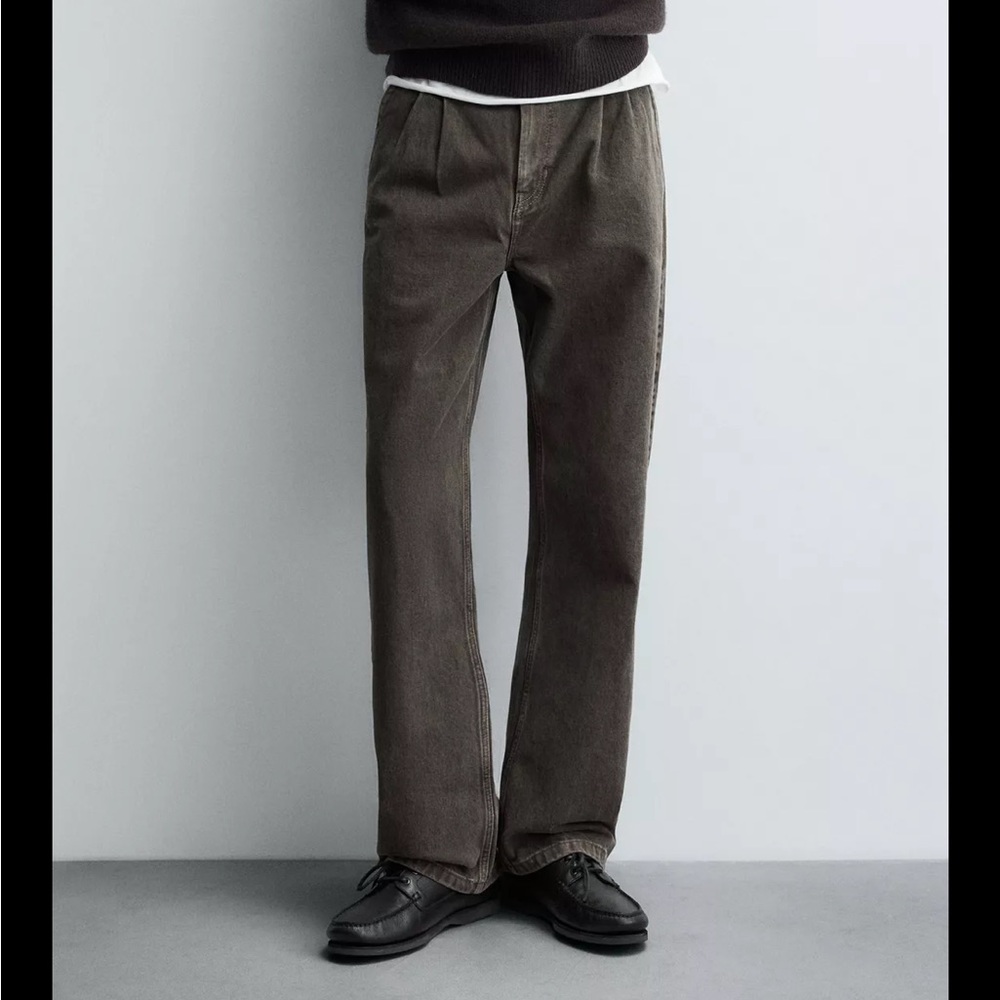 Zara Dark Brown/Taupe wide Straight-Leg Pants - Picture 4 of 9